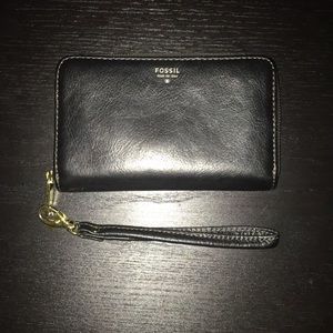 Black Fossil Wallet Wristlet with Gold Detailing